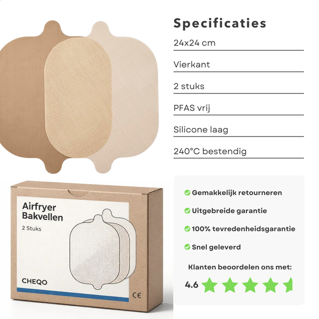 Cheqo® Airfryer Bakpapier - Bakpapier Airfryer - Airfryer Bakvellen - Bakvellen Airfryer - Airfryer Inlegvellen - Airfryer Inlegpapier - Airfryer Bakpapier Vierkant - Vierkant Bakpapier Airfryer
