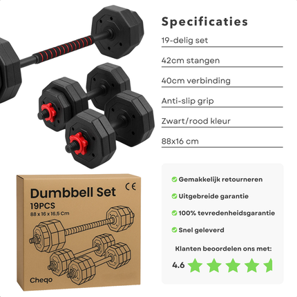Cheqo® Verstelbare Dumbbell Set - Halterset Gewichten - Dumbbells En Halterstang - Fitness Gewichten - Krachttraining Thuis - Multifunctionele Gewichten Set - Dumbbell Set 19 Stuks - Barbell Maken - Gewichten Van 1,25 Tot 2 kg