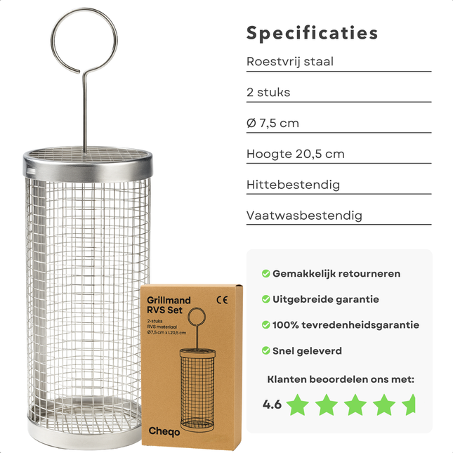 Cheqo® Roestvrijstalen Grillmand - BBQ Accessoire - Grillmand Voor Groenten - Vis En Vlees Grillen - Fijne Structuur Gaas - Hittebestendig Materiaal - Vaatwasmachinebestendig - Set Van 2 Manden - Universele BBQ Mand