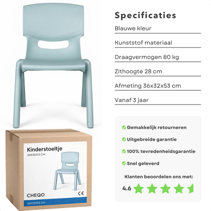 Cheqo® Kinderstoeltje - Kinderstoel - Kinderstoel Blauw - Kinderstoeltje Blauw - Kinderstoel Kunststof - Kinderstoeltje Kunststof - Kinderstoel voor Peuter - Peuterstoeltje - Peuterstoel - Kinderstoel Binnen - Kinderstoel Buiten