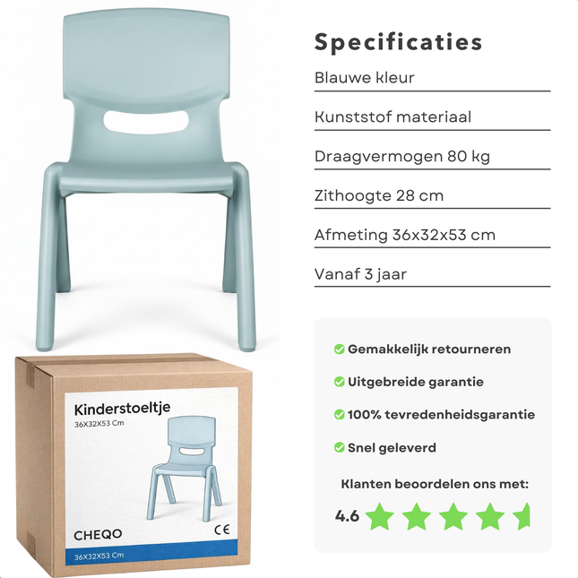 Cheqo® Kinderstoeltje - Kinderstoel - Kinderstoel Blauw - Kinderstoeltje Blauw - Kinderstoel Kunststof - Kinderstoeltje Kunststof - Kinderstoel voor Peuter - Peuterstoeltje - Peuterstoel - Kinderstoel Binnen - Kinderstoel Buiten