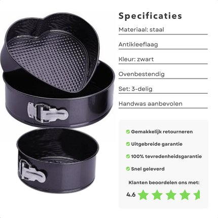 Cheqo® Springvorm Set 3-Delig - Ovenbestendig - Hartvormig en Ronde Bakvormen - Bakvorm set - Springvorm - Cakevorm - Bakvormen - Hartjes Taartvorm - Zwart