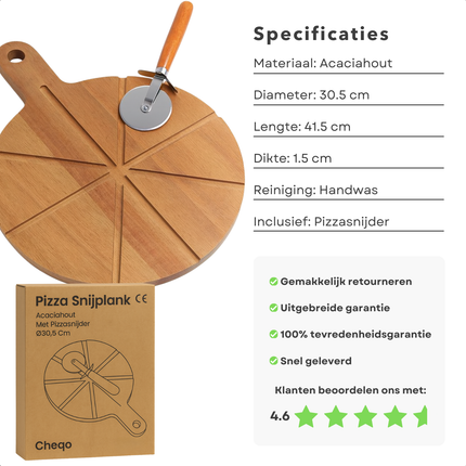 Cheqo® Pizza Snijplank - Pizzaplank - Pizza Plank - Acaciahout Snijplank - Pizzabord Met Groeven - Pizzasnijder Inbegrepen - Snijplank Met Handvat - Ophangoog Snijplank - Pizza Serveren