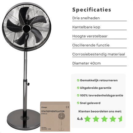 Cheqo® Ventilator Staand - Statiefventilator Zilver - Staande Ventilator - 40 cm - In Hoogte Verstelbaar - Oscillerend