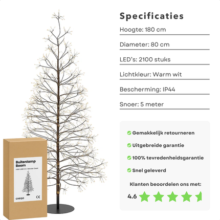 Cheqo® Outdoor Lichtboom - Kerstverlichting Buiten - Warm Wit Licht - Micro LED-Lampjes - IP44 Stekker - Spatwaterdicht - Tuinverlichting Kerstboom - 180 CM Hoogte - Zwarte Frame - Sfeervol Licht - 5 Meter Snoerlengte