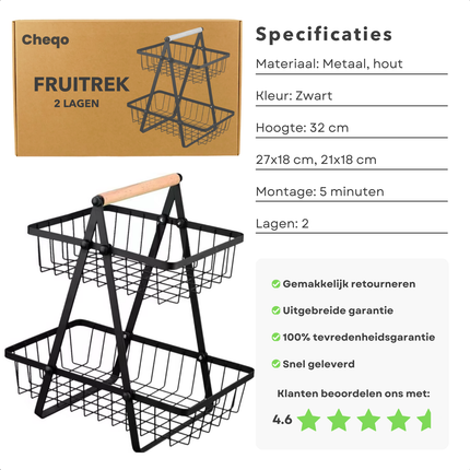 Cheqo® Fruitrek - Zwart Metaal & Hout - 2 Lagen - Moderne Etagere - Fruitmand - Fruitschaal - Keukenorganizer - Aanrecht Organizer - Keuken Bureau Organizers – Aardappelbak - Keukenopslag - 43 cm