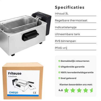 Cheqo® Friteuse - Regelbare Thermostaat - Indicatielampje - Uitneembare Tank - Verwarmingselement - PFAS-vrij - Eenvoudig Te Reinigen - RVS/Zwart - Functionele Friteuse - Frituurpan - Frituur Pan - Frietpan - Frituren