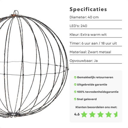 Cheqo® LED Kerstverlichting Lichtbol - Metaal - 240 LED's - 40 cm - Timer - Extra Warm Wit - Aanloopsnoer van 300 cm - Opvouwbaar - Voor Binnen en Buiten - Kerstverlichting - Kerstlampjes - Sfeerverlichting - Kerstbol Verlichte Kerstfiguren