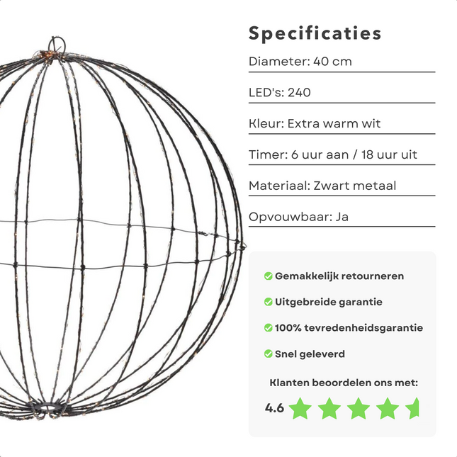 Cheqo® LED Kerstverlichting Lichtbol - Metaal - 240 LED's - 40 cm - Timer - Extra Warm Wit - Aanloopsnoer van 300 cm - Opvouwbaar - Voor Binnen en Buiten - Kerstverlichting - Kerstlampjes - Sfeerverlichting - Kerstbol Verlichte Kerstfiguren