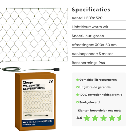 Cheqo® Lichtgordijn LED Netverlichting - Warm Wit Licht - 320 LED Lampjes - Binnen En Buiten - IP44 - Kerstverlichting - Groen Snoer - Lichtnet - Kerstboomverlichting - Lichtgordijn - Licht Net - Kerst Verlichting