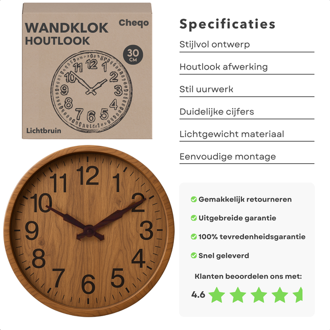 Cheqo® Luxe Wandklok - Wand Klok - Moderne Klok - Houtlook - Lichtbruin - 30 cm - Kunststof Design - Batterij
