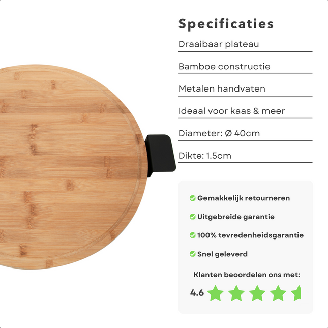Cheqo® Bamboe Draaiplateau met Metalen Handvaten - Ø 40 cm - Serveerplank met Draaifunctie - Roterend Serveerplateau - Ronde Serveerschaal - Ø 50 cm - Borrelplank - Kaasplank - Kaasplateau - Tapasplank