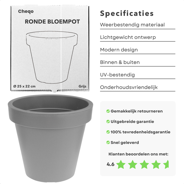 Cheqo® Ronde Grijze Bloempot - Plantenbot Grijs - 20cm - Kunststof Pot voor Binnen en Buiten