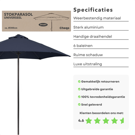 Cheqo® Luxe Parasol - Stokparasol - Zonwerend Textiel - Aluminium - Luxe Tuinparasol - Zwart
