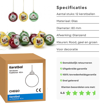Cheqo® Glazen Kerstballen - Set Van 12 - Glanzend Kerstballen - Traditionele Kerstballen - Rode Kerstballen - Gele Kerstballen - Groene Kerstballen - Kerstboomversiering - Kerstdecoratie - Glazen Ornamenten - Kerstbal Set
