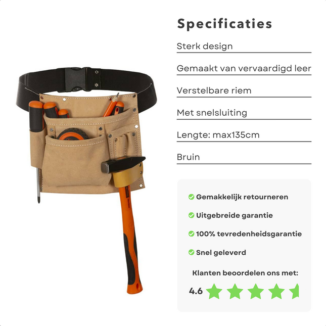 Cheqo® Gereedschapriem van Leer - Gereedschapsgordel - Ruimte voor Gereedschap - Verstelbare Riem - Snelsluitgesp - Max 135cm Lengte - 1 Holster - Hamerhouder - Opbergvakken Gereedschapsgordels