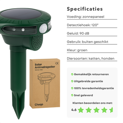 Cheqo® Solar Dierenverjager met Bewegingssensor – Ultrasone Kattenverjager & Marterverjager – LED-Flitslicht – Waterdicht Ontwerp – Milieuvriendelijk – Voor Buitengebruik – Zonnepaneel – Tuin Bescherming – Diervriendelijke Ongedierte Verjager