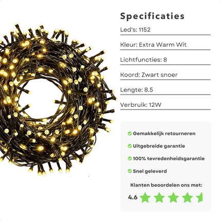 Cheqo® Kerstverlichting - Kerstboomverlichting - Kerstlampjes - 1152 LED - 8.5M - Voor Binnen en Buiten - Timer - 8 Lichtfuncties - Lang Snoer - Extra Warm Wit - Clusterverlichting - Sfeerverlichting - Feestverlichting Kerstboomverlichting