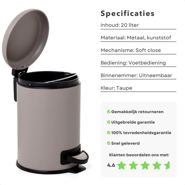 Cheqo® Pedaalemmer - Prullenbak - Afvalbak - 20L - Taupe - Metalen Afvalbak met Binnenemmer