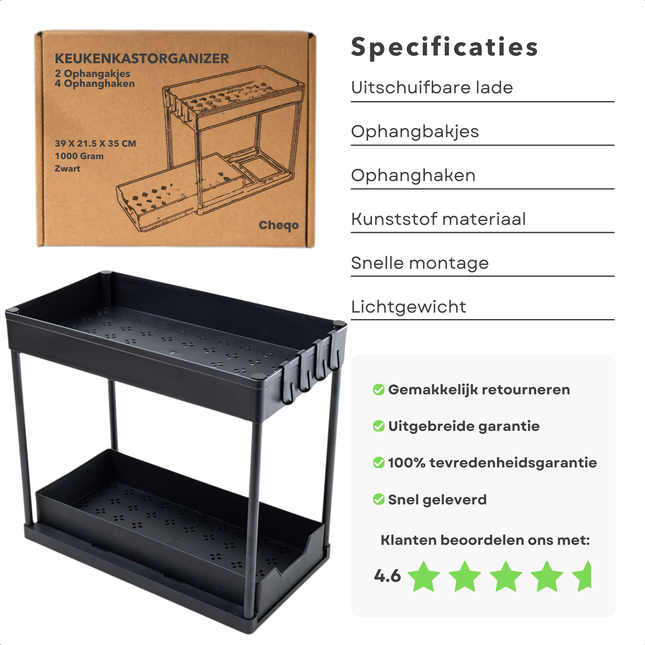Cheqo® Keukenkast Organizer  - Keuken Organizer - Keukenkastorganizers - Set van 2 - Gootsteenkast Organizer - Gootsteenkastrek Uitschuifbaar – Keuken Kast Organizers - Badkamer Organizer - Uitschuifbare Lade - Kunststof Zwart
