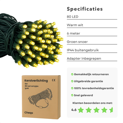 Cheqo® Kerstverlichting Buiten - Kerstboomverlichting Binnen - 80 Led Lampjes - Warm Wit Licht - Led Lichtsnoer - 6 Meter Lengte - IP44 Waterdicht - Groen Snoer - Energiezuinig - Kerstlampjes - Kerstdecoratie