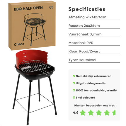 Cheqo® Houtskool Barbecue RVS - Houtskoolbarbecue - Verstelbaar Rooster - Ronde BBQ Rood/Zwart