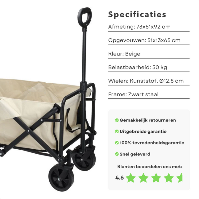 Cheqo® Bolderkar - Strandkar met Wielen - Bolderwagen - Opvouwbare Outdoor Transportkar voor Stranduitjes - Handige Strandwagen met Handvat - 73x51x92cm - Beige