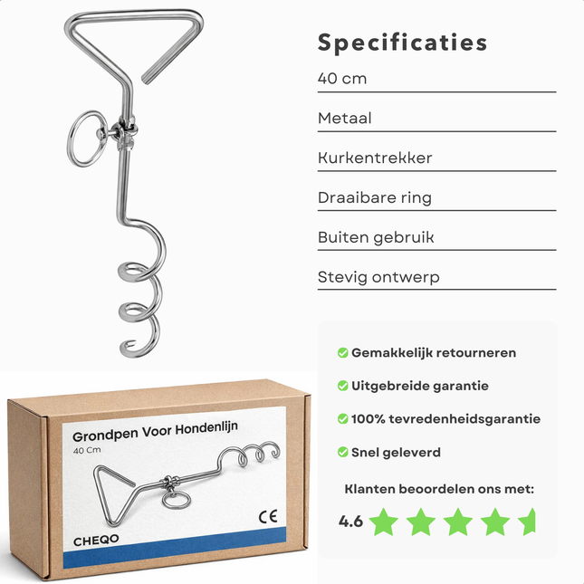 Cheqo® Grondpen Hond - Grondpen Hondenlijn - Aanlegspiraal Hond - Vastlegspiraal Hond - Grondspiraal Hond - Hondenpin - Grondpin Hond - Aanlegpen Hond - Grondanker Hond - Hondenanker - Campingpen Hond
