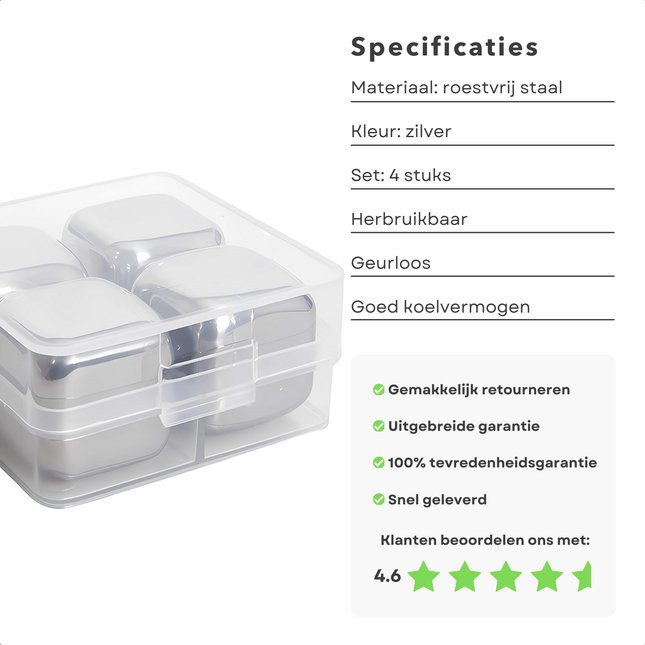 Cheqo® RVS Whiskey Stones - Whiskey Stenen - Herbruikbare IJsblokjes - Roestvrijstalen IJsblokjes Set - Herbruikbaar - 6,3 cm - Perfect voor Whisky