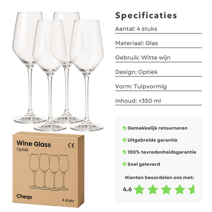 Cheqo® Witte Wijnglazen Set - 38 cl - Elegante Glazen voor Witte Wijn - Stevige Voet - Wijnglas Set - Glas