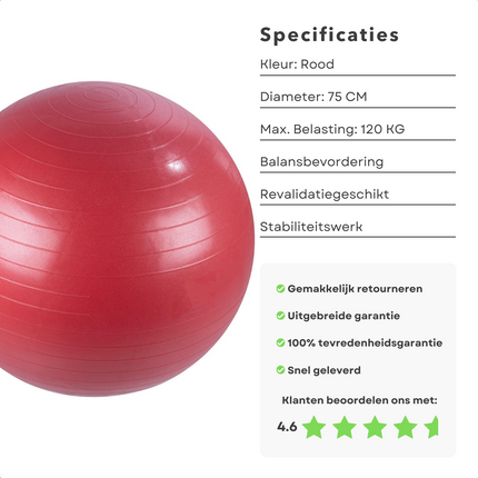 Cheqo® Fitness Bal Ø75 cm - Rood - Balansbal - Zitbal - Zwangerschapsbal - Revalidatie en Sport - Max. 120 KG Belastbaar -  Yoga Bal - Pilates Bal - Zwangerschapsbal - Verbeter je Houding - Thuiswerken Fitnessballen