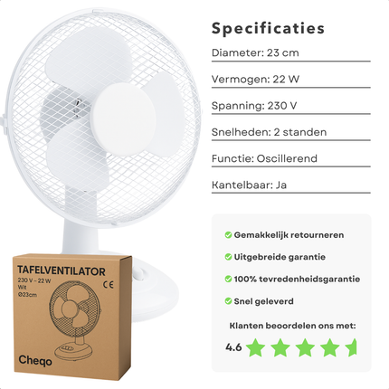 Cheqo® Tafelventilator - Stille Witte Ventilator Tafelmodel - Kantelbaar en Oscillerend - Verkoeling - Fan - Airco Alternatief