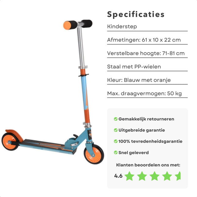 Cheqo® Kinderstep Blauw / Oranje - Verstelbare Hoogte - Met Voetrem - PP Wielen - Aluminium Stuur - Draagvermogen van 50 KG - Step - Jongens/Meisjes - Veilig en Stabiel - Cadeau Voor Kinderen - Speelgoed - Verhoogd Coördinatie & Balans - Opvouwbaar Kinderstepjes