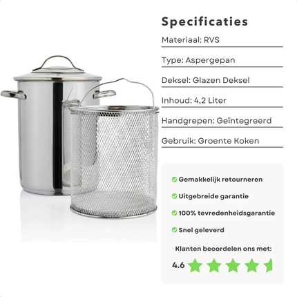 Cheqo® RVS Aspergepan - Pastakoker - Pan voor Asperges en Pasta - Met Glazen Deksel - Grote Kookpan 4.2L - Alle Warmtebronnen - Ook voor Inductie