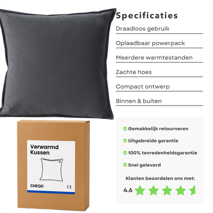 Cheqo® Verwarmd Kussen - Warmtekussen Elektrisch - Draadloos Warmtekussen - Oplaadbaar Kussen Verwarming - Meerdere Warmtestanden - Warmtekussen Voor Bank - Warmtekussen Voor Stoel - Zachte Hoes - Warmte Kussen