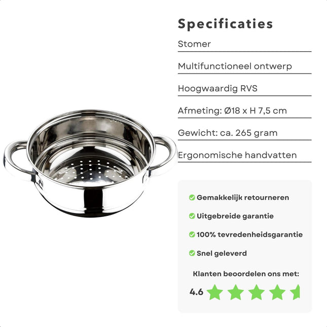 Cheqo® Stoompan - Ø18 cm - RVS - Stoommandje met Handvatten - Groentestomer - Keukenstomer - Lange Levensduur - Gelijkmatige Warmteverdeling - Kookpan - Ergonomische Handvatten - Snelkookpan - Rijststomer Stoompannen