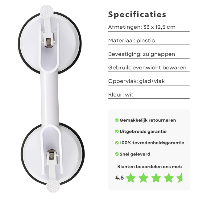 Cheqo® Badkamer Handgreep Zuignap - Veiligheidsgreep 33 cm - Handgreep Met Zuignap - Wandbeugel Badkamer - Douche Steun zonder Boren - Kunststof