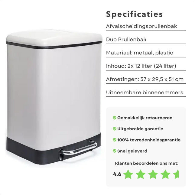 Cheqo® Reukdichte Pedaalemmer - 2x12 liter - Afvalbak - Uitneembare Binnenemmers - Wit - Afvalscheidingsprullenbak - 2 Vakken - Prullenbak - Recycle Afvalbak - Vuilnisbak - Afvalemmer - Metaal - 37 x 29,5 x 51 cm - Soft Close pedaalemmers