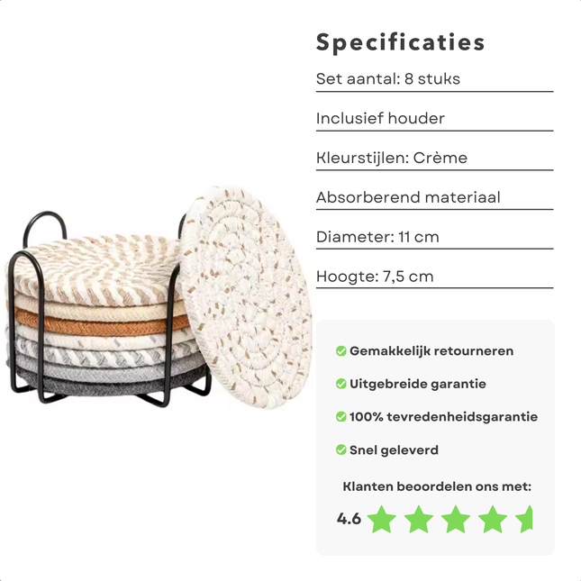 Cheqo katoenen onderzetters set van 8 met houder, absorberend en duurzaam, 11 cm diameter, crèmekleurig, klantbeoordeling 4.6 sterren.