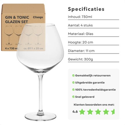 Cheqo® Gin Tonic Glazen Set - Cocktailglas Set - Cocktail Glazen - 730ml - Luxe Cocktailglazen - Set van 4 - Glas