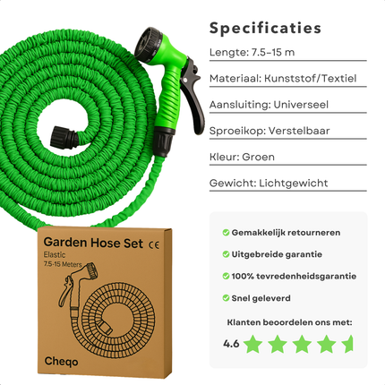Cheqo® Flexibele Tuinslang Set - Uitrekbare Tuinslang - 7.5-15M Uittrekbaar - Inclusief Sproeikop - Kunststof