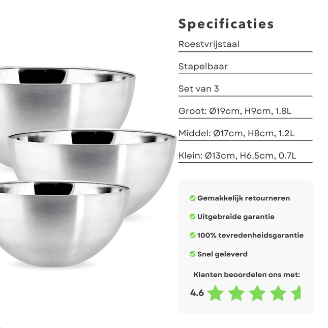 Cheqo® Roestvrijstalen Mengkommen Set - Mixkom - Beslagkom Set - Stapelbare Beslagkommen - 3-Delig - ø19, ø17, ø13 cm