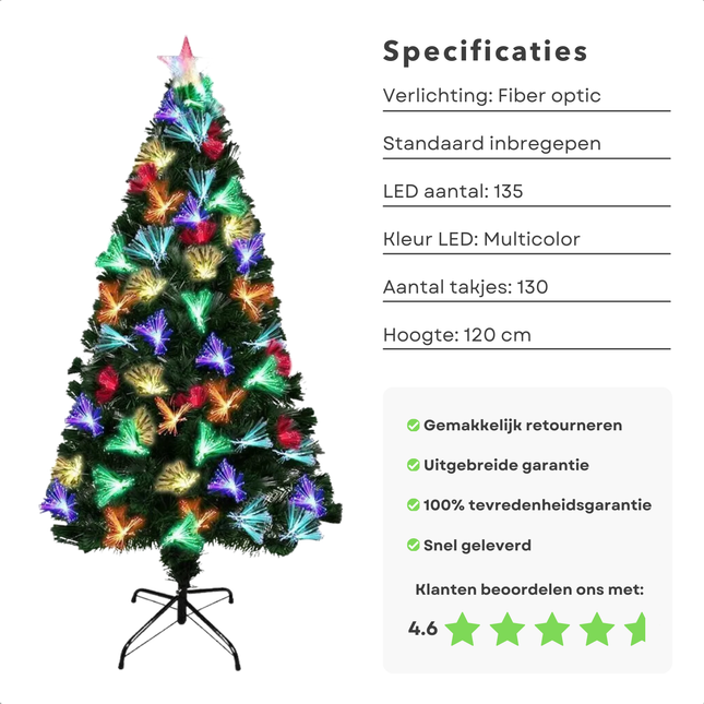 Kunstkerstboom met multicolor LED en fiber optic verlichting, 120 cm hoog, metaal standaard, 4.6 sterren beoordeling.