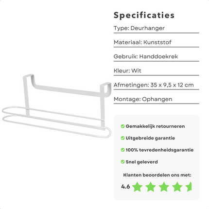 Cheqo® Deurhanger Handdoekrek Zonder Boren - Kunststof - Wit - Handdoek Houder - Handdoekstang - Handdoekenrek - Handoekhouder - Badkamer