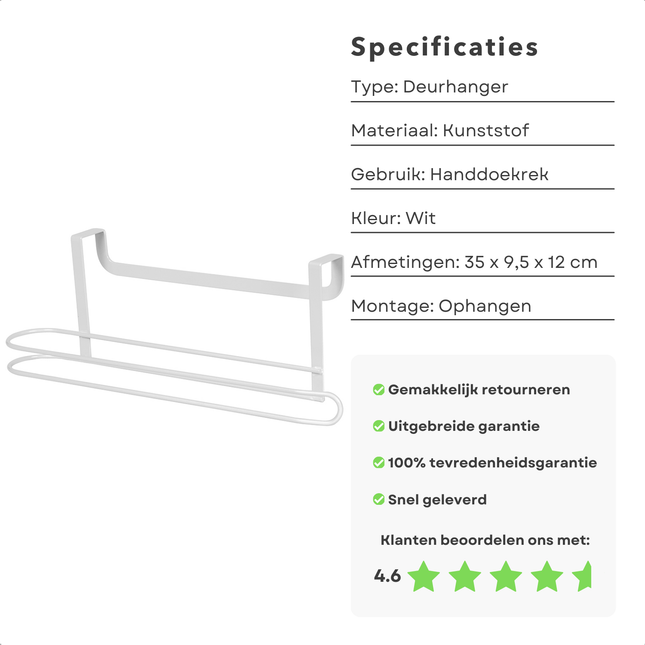 Cheqo® Deurhanger Handdoekrek Zonder Boren - Kunststof - Wit - Handdoek Houder - Handdoekstang - Handdoekenrek - Handoekhouder - Badkamer