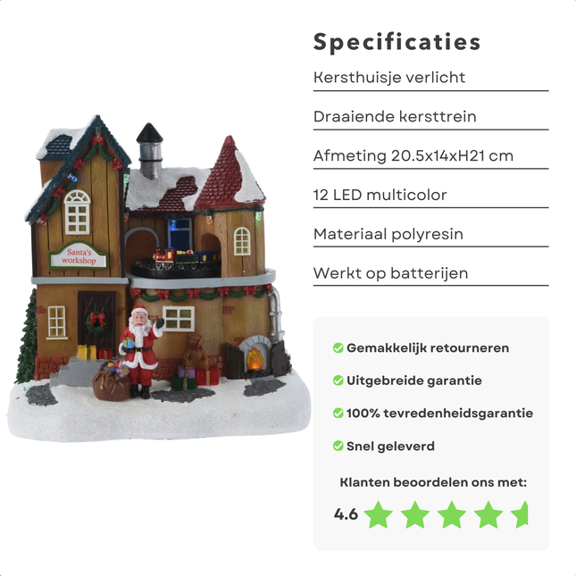 Cheqo® Kersthuisje Polyresin - Kersttafereel - Kerstdorp Huisje - Verlichting & Beweging - LED Trein