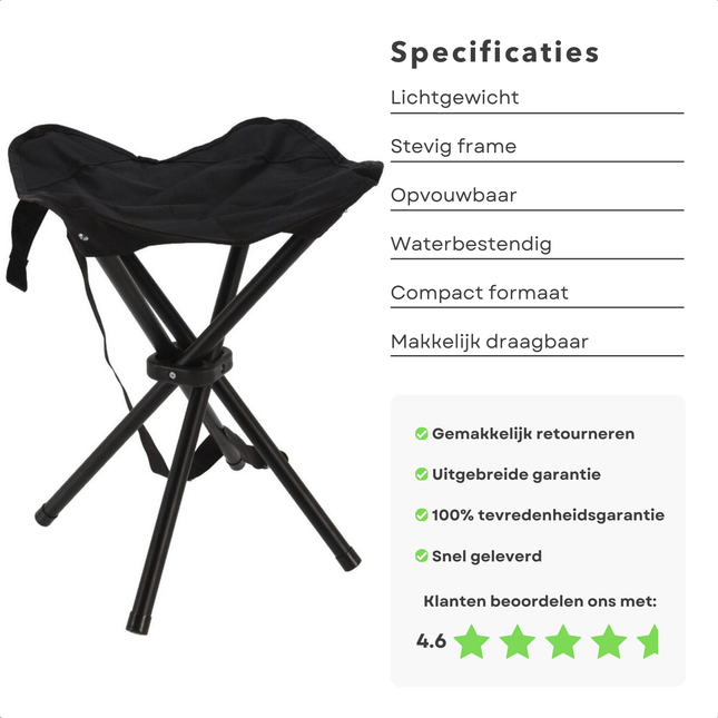 Cheqo® Vouwkruk Camping - Vouw Kruk - Opvouwkruk - Krukje - Opvouwbare Kruk - Kampeerkruk - Draagbaar en Compact - Kunststof en Polyester - Zwart