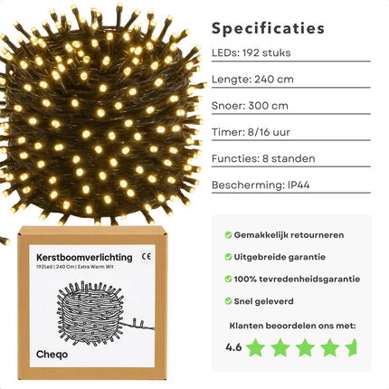 Cheqo® Kerstverlichting - Kerstlampjes - Kerstboomverlichting - Extra Warm Wit - 192 LED - Kerstverlichting Binnen en Buiten - Lichtsnoer - 8 Lichtfuncties - Automatische Timer - IP44 Adapter - Verlichte Lengte 240 CM - Geheugenfunctie