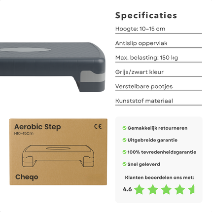 Cheqo® Verstelbare Aerobic Step 10-15 cm – Fitness Stepper met Anti-Slip Laag – Stepbank voor Thuis en Sportschool – Step Aerobics – Krachttraining & Conditietraining – Draagvermogen 150 kg – Opstapbankje