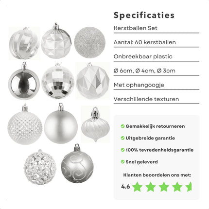 Cheqo® Kerstballen Set - Kerstballenset - Kerstdecoratie - Kerstboom Versieren - Kerstversiering - Onbreekbaar - Met Ophangoogje - Kerstversiering Kerstboom - Mat - Glans - Glitter  - 60 Stuks - Zilver Kerstballen